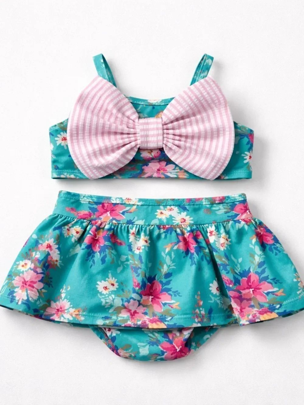 Ruffle Butts green floral big bow skirted bikini size 2T NWOT